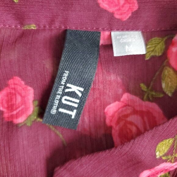 KUT from the Kloth Women’s M Burgundy Sheer Rose Floral Button Front Blouse Long - Picture 5 of 6